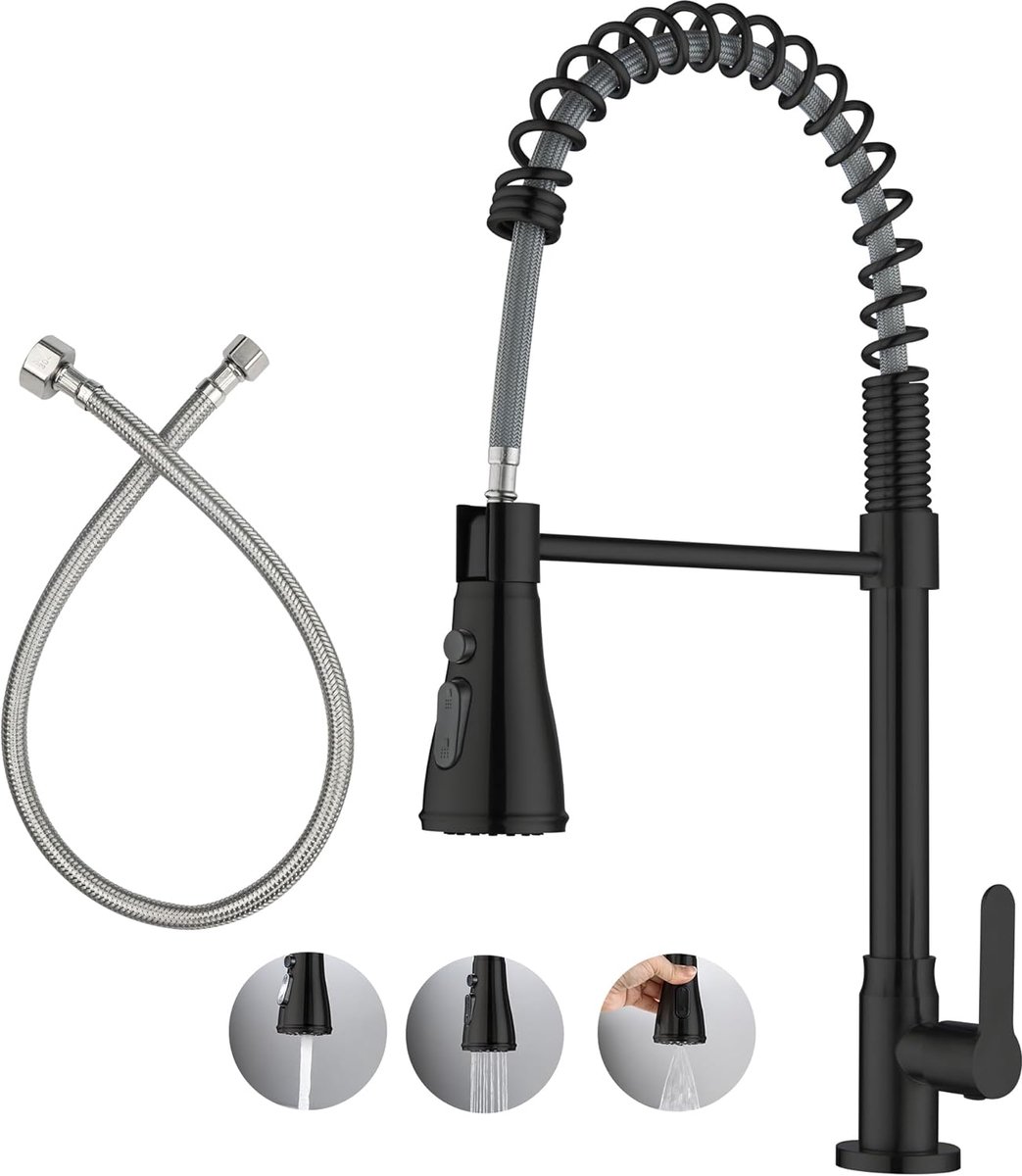 SnelShoppen - LIWEIKE Koudwaterkraan Zwart, 360° Draaibare Keukenkraan met 3 Spuitstanden, RVS, 50 cm Aansluitslangen, Minimalistisch Design voor Keuk