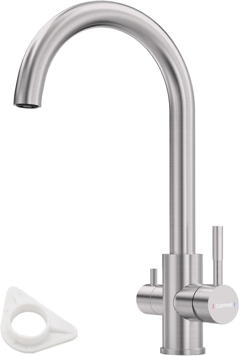 SnelShoppen - 3-in-1 Keuken Mengkraan met 2 Levers, 360° Draaiende Waterkraan, RVS, Dubbele Uitloop, Voor Koud, Warm en Drinkwater, Brushed Afwerking