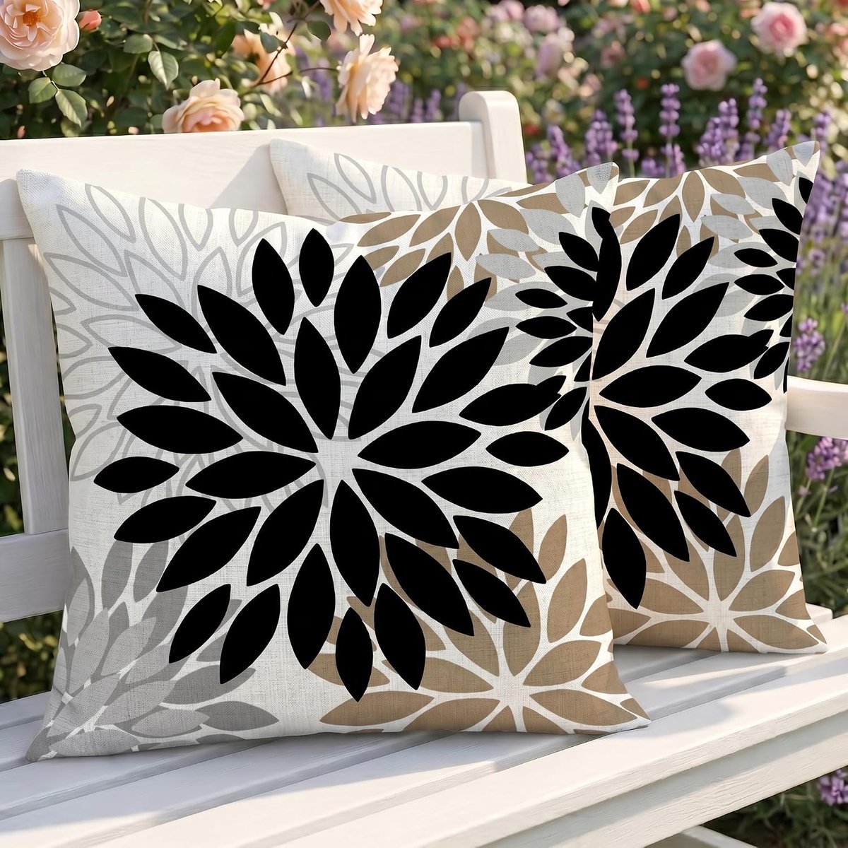 SnelShoppen - Set van 2 Weerbestendige Buiten Kussenhoezen 50 x 50 cm, Dubbelzijdig Dahlia Patroon, Moderne Zwarte Linnen Kussens voor Tuin, Balkon, C