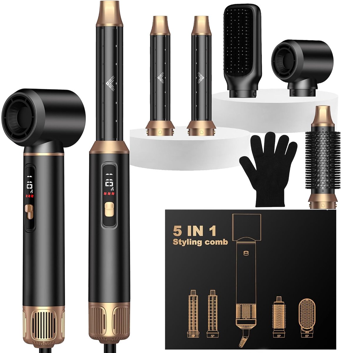 SnelShoppen - 5-in-1 Haarstyler, Haardroger, Ronde Borstelföhn, Warmelucht-Krultang, Thermische Borstel, Haarföhn Cadeauset voor Vrouwen - Zwart, Perf