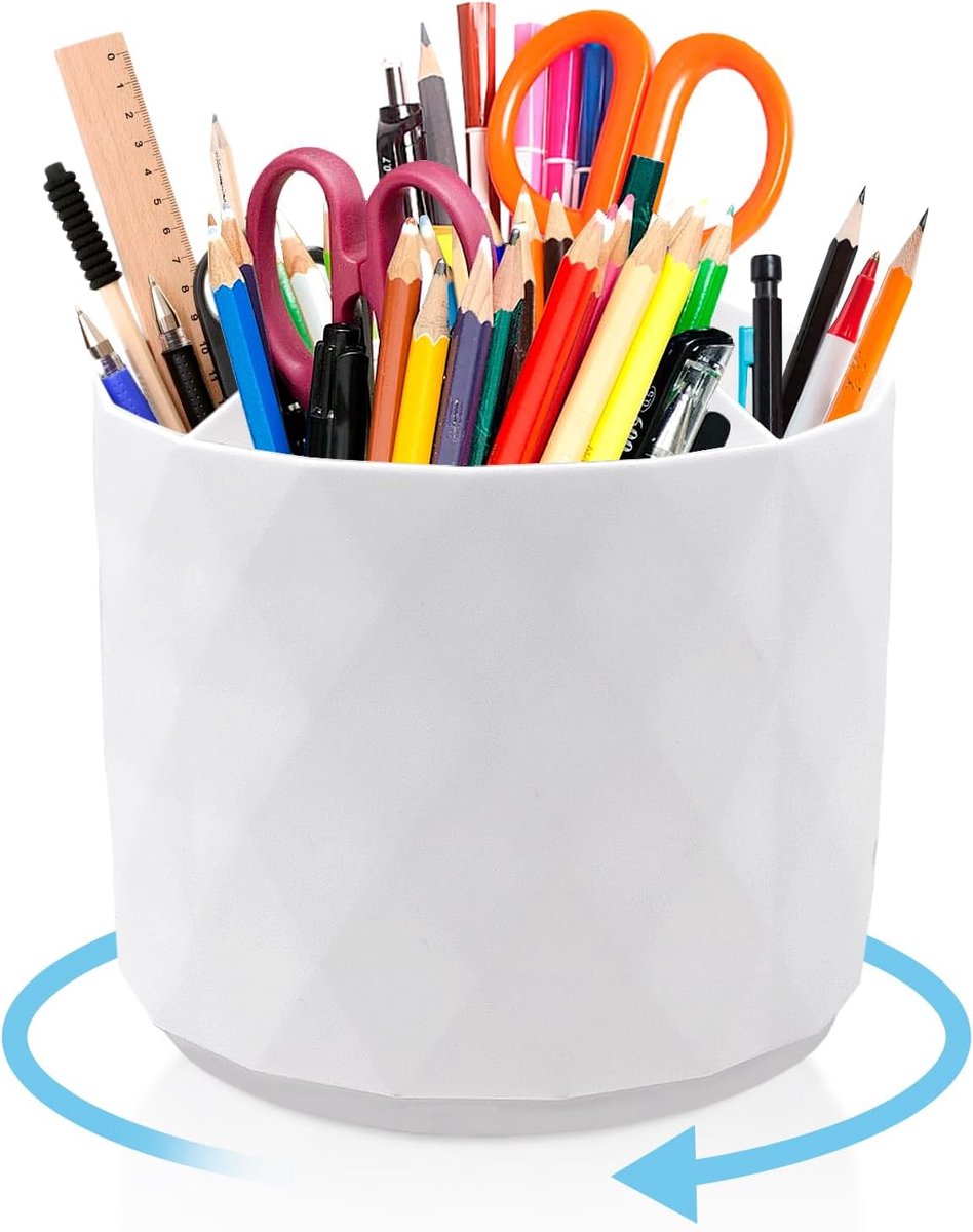 SnelShoppen - Pen Organiser Large - 360° Rotating Pen Holder - 5 Compartiments - Ruimtebesparende Bureau Organizer - Wit (14 x 12 cm) voor Kantoor en