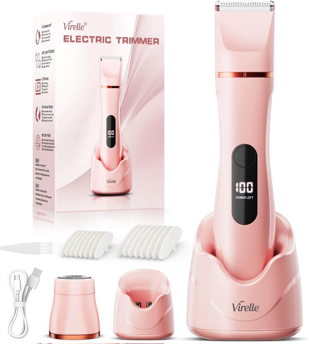 SnelShoppen - Draadloze Vrouwen Scheermachine, IPX7 Waterdicht, 2 Verwisselbare Koppen, 4 Precisie Kammen, LED Display, USB Opladen, Intieme Zone, Gez