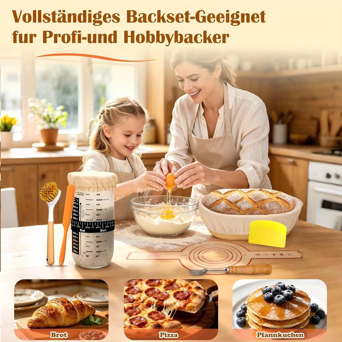 SnelShoppen - Gaarmandjesset rond en ovaal van rotan, starterset voor zuurdeeg met baguetzak en 10 toastzakken, bakaccessoires voor beginners, ideaal