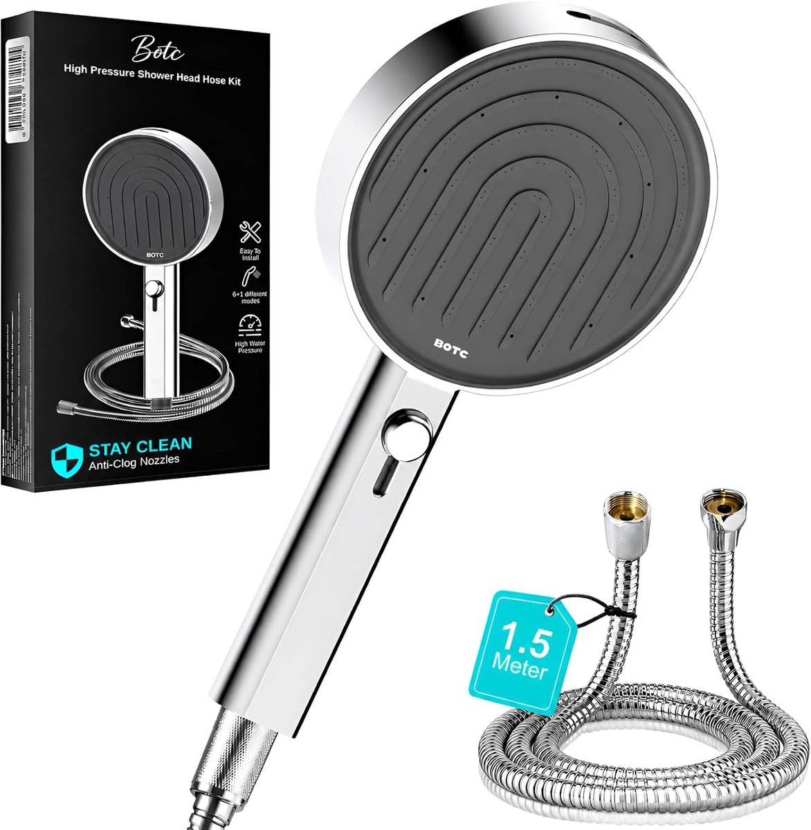 SnelShoppen - High Pressure Doucheset met 1.5 M Slang, 135mm Regendouchekop, 7 Spraystanden, Handdouche met Waterbesparing (Zilver, met Slang)