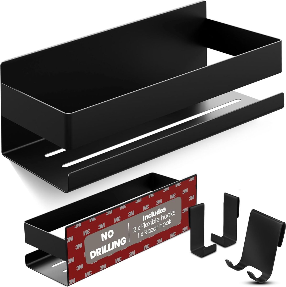 SnelShoppen - Doucheplank zonder boren - Badkamerrek - Douchemand - Badkamer Organizer - Roestvrij staal - Zwart - 22 cm x 9 cm - 2 Kleefvarianten voo