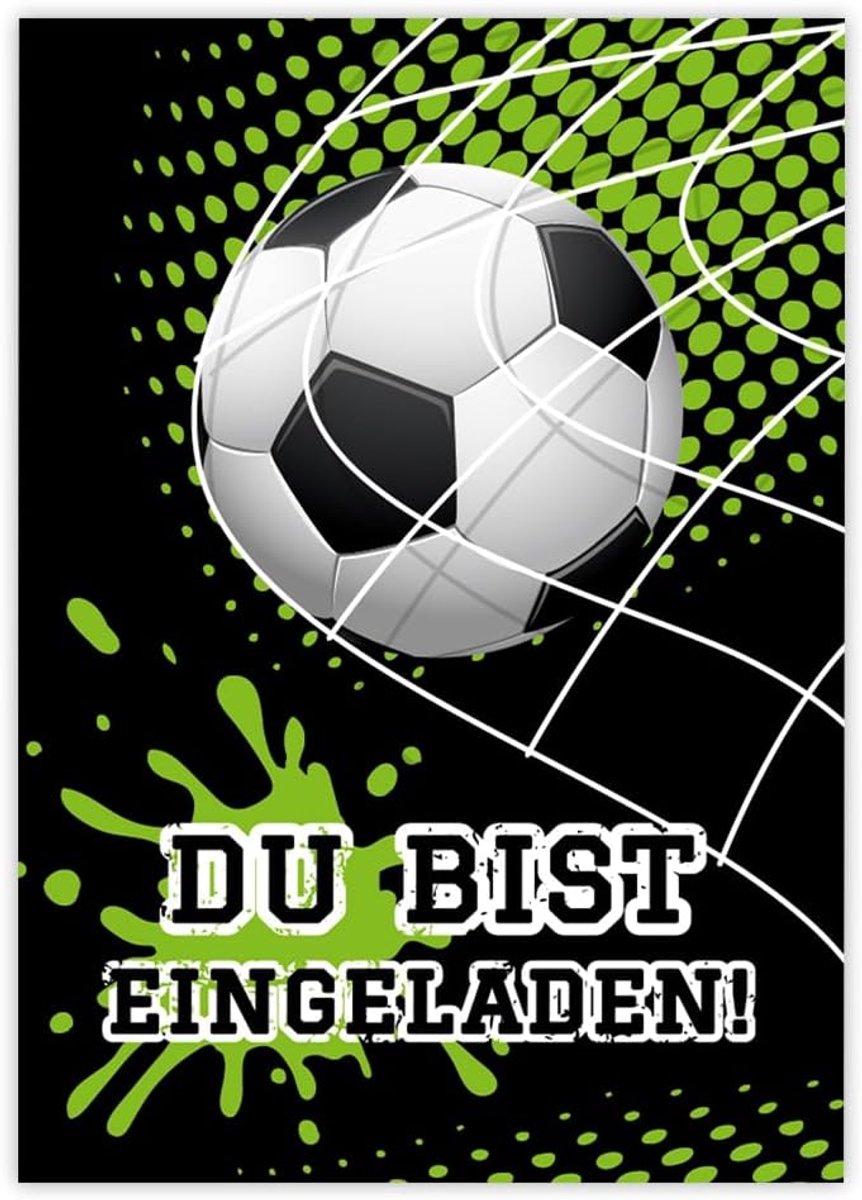 SnelShoppen - 12 Voetbal Uitnodigingen Kinderfeestjes - Kleurrijke Verjaardagskaarten voor Jongens - A6 formaat - Hoogwaardige 300 g/m² Foto Print - P