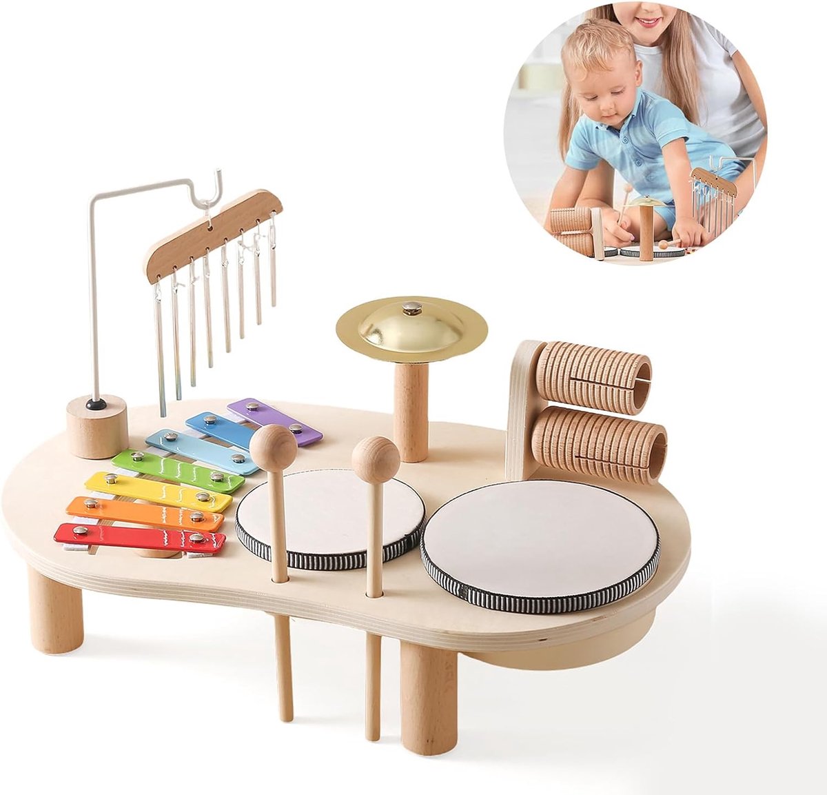 SnelShoppen - Kinderdrumset, educatief muziekinstrument voor kinderen vanaf 1 jaar, Montessori speelgoed met drums en xylofoon, kleurrijk en leerzaam