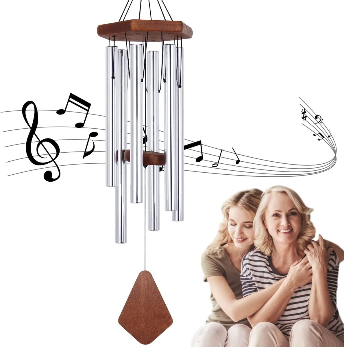 SnelShoppen - Elegante Windgong voor Buiten - 6 Getunede Buizen, Diepe Toon, Persoonlijke Herinnering, Tuin, Balkon, Patio, Zilver