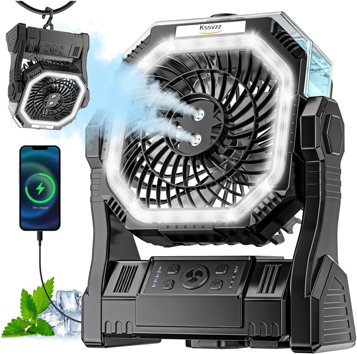 SnelShoppen - 20000mAh Misting Fan - Draagbare Ventilator met 350ml Water Tank, 4 Snelheden, Timer en LED Licht - Ideaal voor Camping, Strand, Buiten,