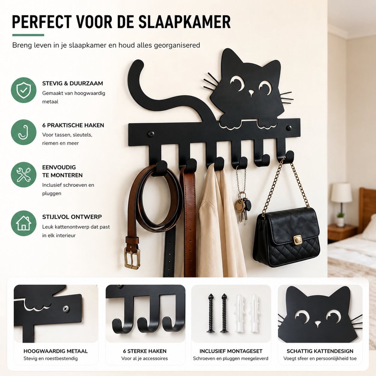 Arvion Zwart metalen sleutelrekje met kattenmotief - 20 cm - Sleutelhouder voor aan de muur met 6 haken - Compact sleutelrekje voor hal, keuken en entree - Wanddecoratie en sleutelhaken