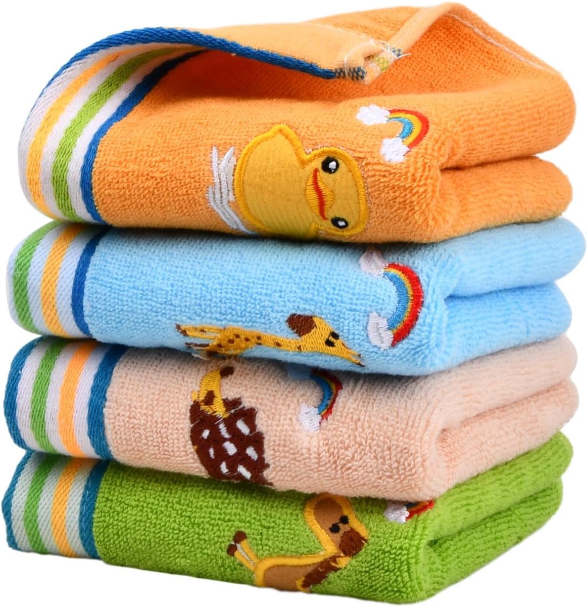 Thijox - Kinderhanddoekenset 4 Stuks - Zachte Cartoonprint Kinderhanddoeken van 100% Katoen - Klassieke Gezichtsdoeken, Washandjes en Speekseldoeken v