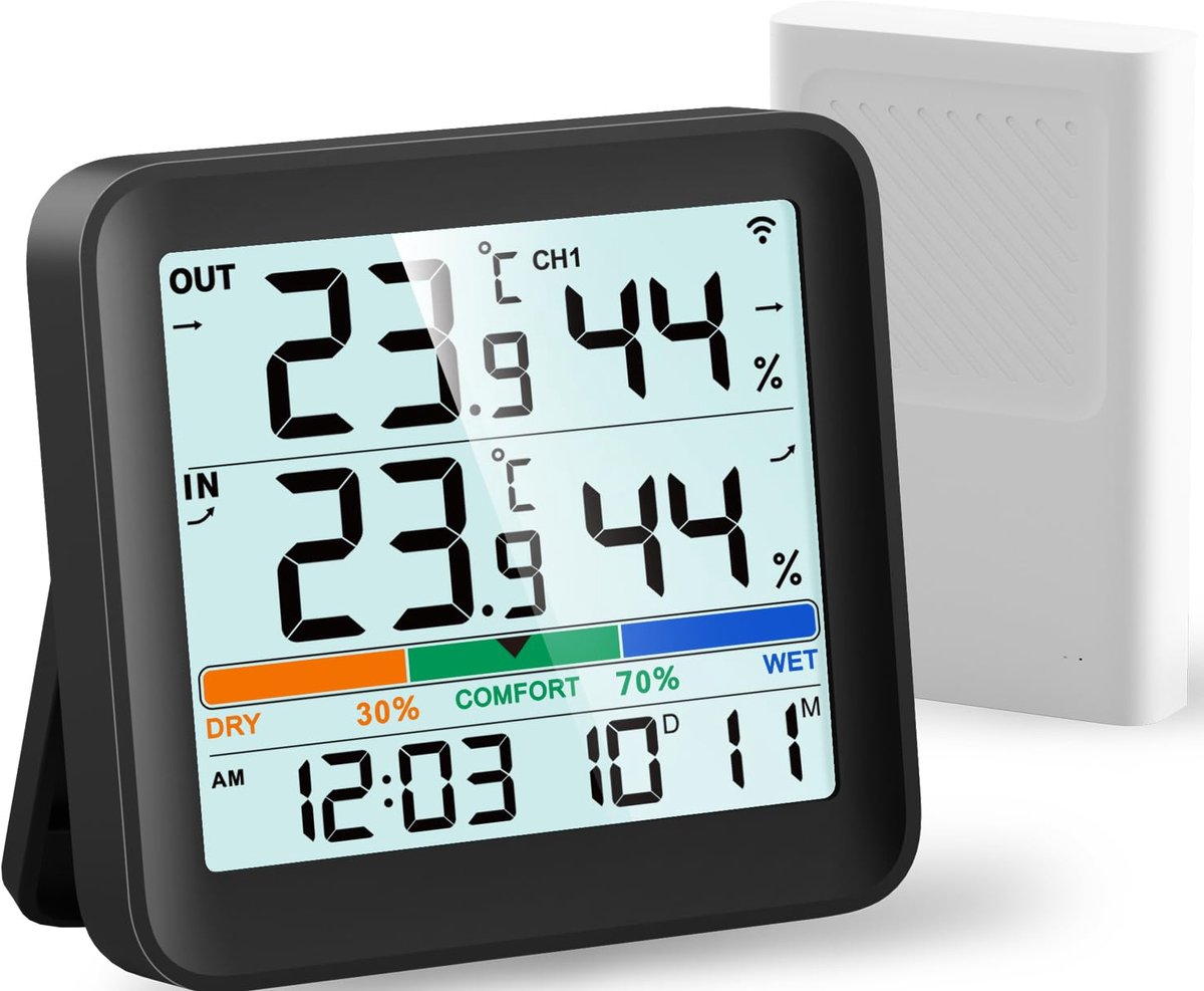 SnelShoppen - Digitale Thermometer & Hygrometer voor Binnen en Buiten - LCD Achtergrondverlichting - Nauwkeurige Temperatuur Meter - Zwart - Temperatu