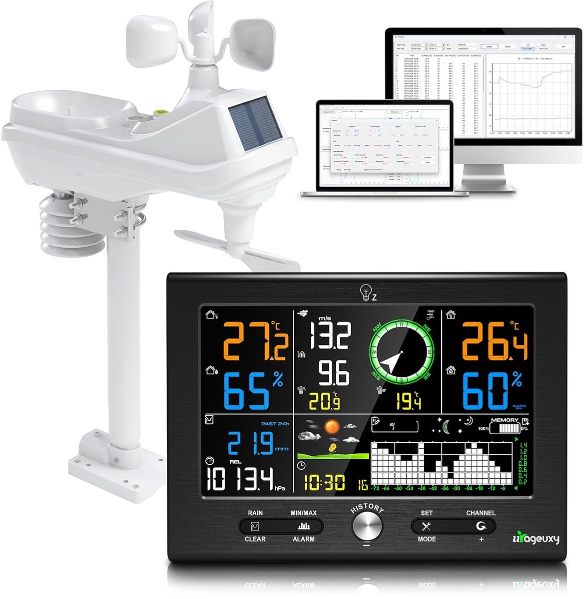 SnelShoppen - Draadloze Weerstation 7-in-1 - Professionele Weerstation met Buitensensor, Regenmeter, Windsnelheidsmeter, 7.6 Inch Display, DCF Klok, T