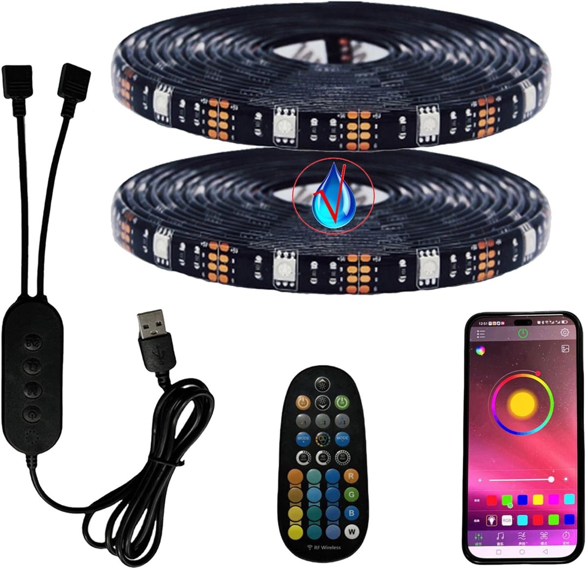 SnelShoppen - 5m RGB LED Strip Dimmable, Bluetooth/APP Controleerbare TV USB LED Achtergrondverlichting met Afstandsbediening, Waterdicht IP65, Zelfkl