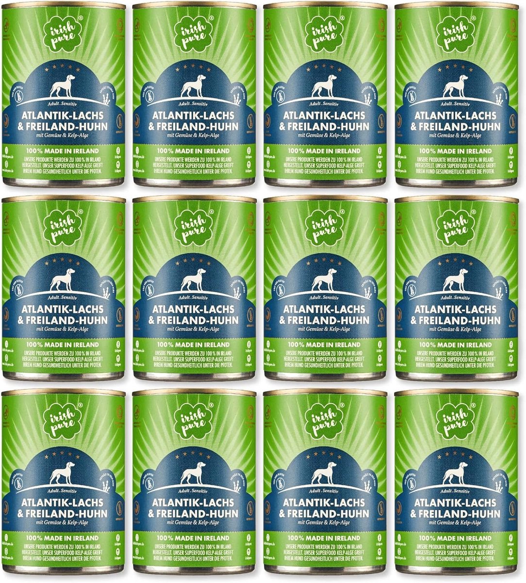 SnelShoppen - Irish Pure Premium Natvoeding Honden - 12 x 390 g - Atlantische Zalm en Kip - Graanvrij - Bevat Superfood Kelp Algen - Voor Alle Rassen