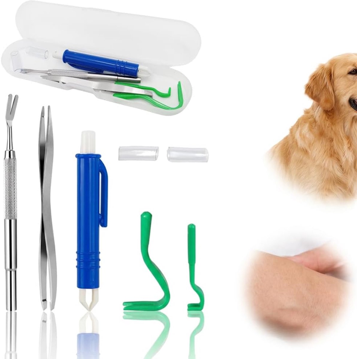 Set van 5 Teken Verwijderingshulpmiddelen voor Honden en Katten, RVS, 2 Tekenhaken, 2 Metalen Pincetten, 1 Blauwe Tekenverwijderaar met
