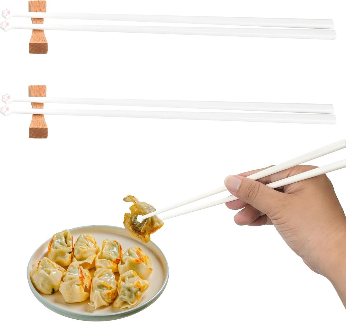 SnelShoppen - 2 Paar Schattige Eetstokjes Kattenklauwen met 2 Houten Eetstokjessteunen - Herbruikbaar en Antislip - Ideaal voor Sushi, Salades en Noed