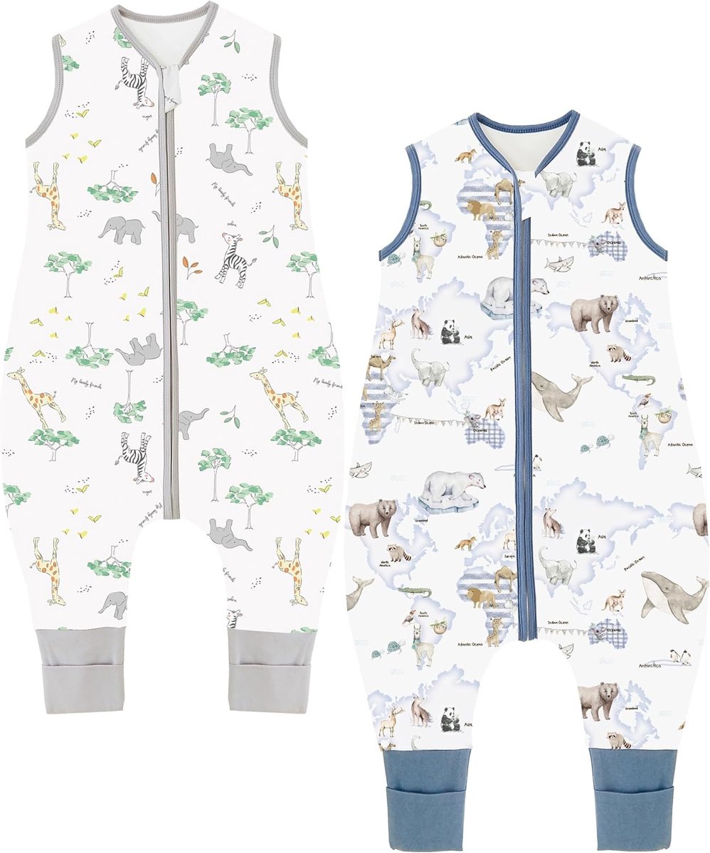 SnelShoppen - Baby Slaapzak met Voetjes 2-Pack - 2.5 Tog Kinderen Slaapzak voor Alle Seizoenen - Warm & Ademend Katoen - Giraffe Bos + Dier Kaart - 70