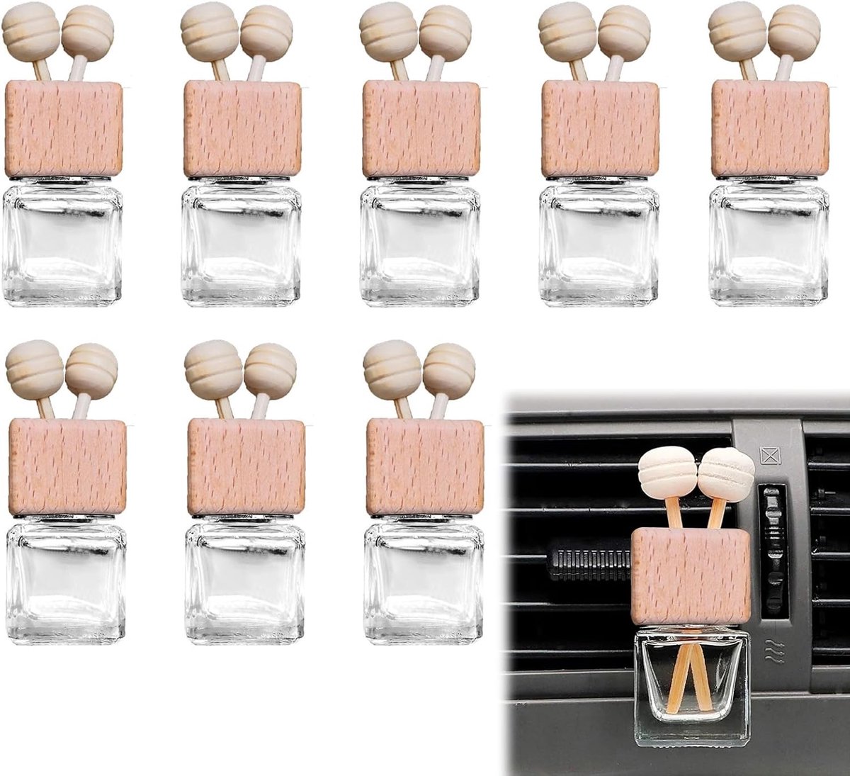 SnelShoppen - Pack van 8 Car Air Freshener Clips - 10 ml Geur Diffuser met Houten Stokjes en Metaalclip - Lege Glazen Flessen voor Aromatherapie - Aut