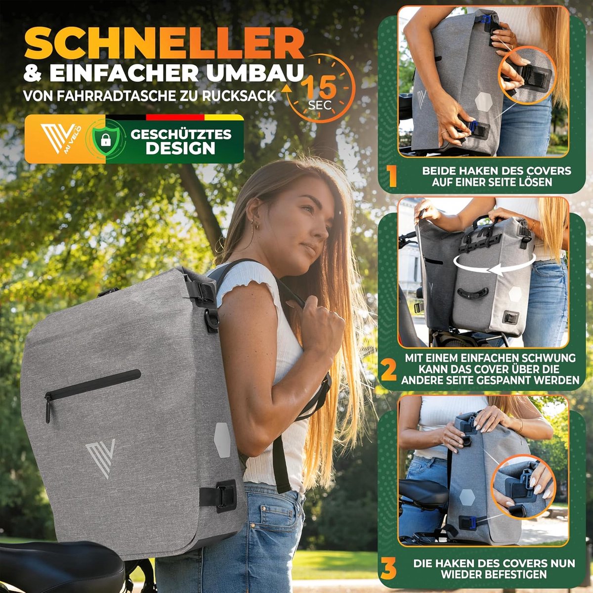SnelShoppen - 3-in-1 Fietstas voor Achterdrager | Rugzak, Achtertassen & Schoudertas | In 15 Seconden Omgebouwd | 100% Waterdichte Fietstas (Grijs)