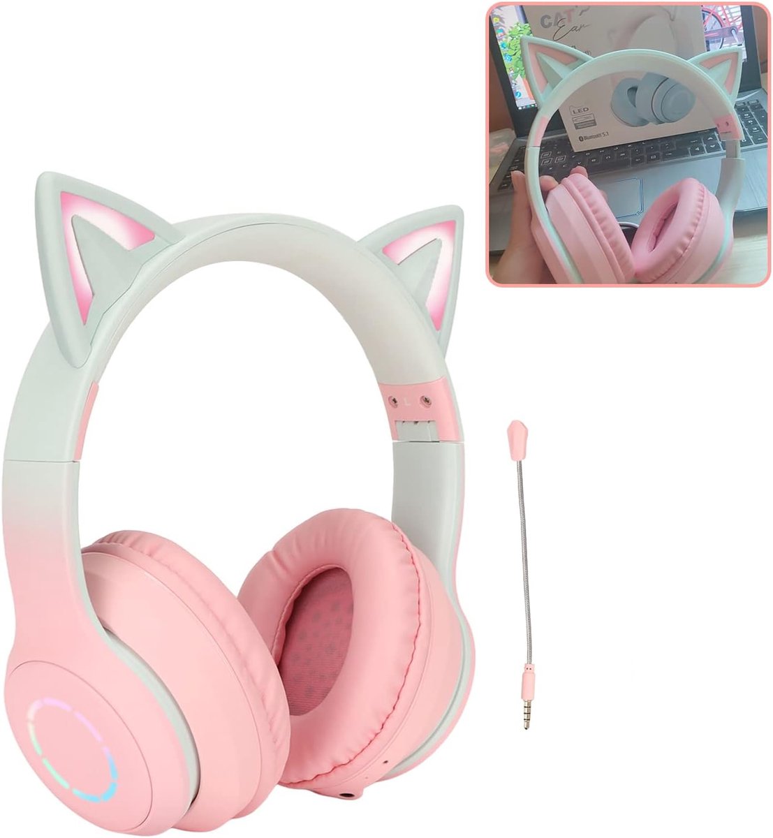 SnelShoppen - Draadloze Cat Ear Headphones - Gaming Headset met Bluetooth 5.1 & 3.5mm AUX - Vouwbare Hoofdtelefoon met 7 Kleuren LED Lichten voor Meis