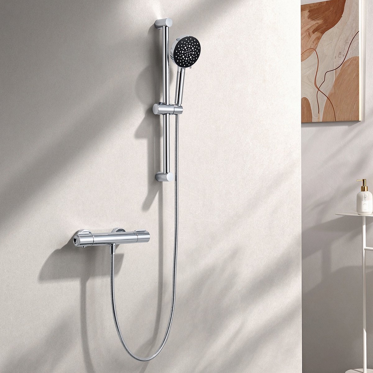 Auralum Max Doucheset - Veiligheidsfuncties - Thermostatische Douchekraan - met 70 cm Glijstangset - Hogedruk handdouche - 6 straalsoorten - met 4 Filters Douchekop - Waterbesparend -Zwart / Chroom