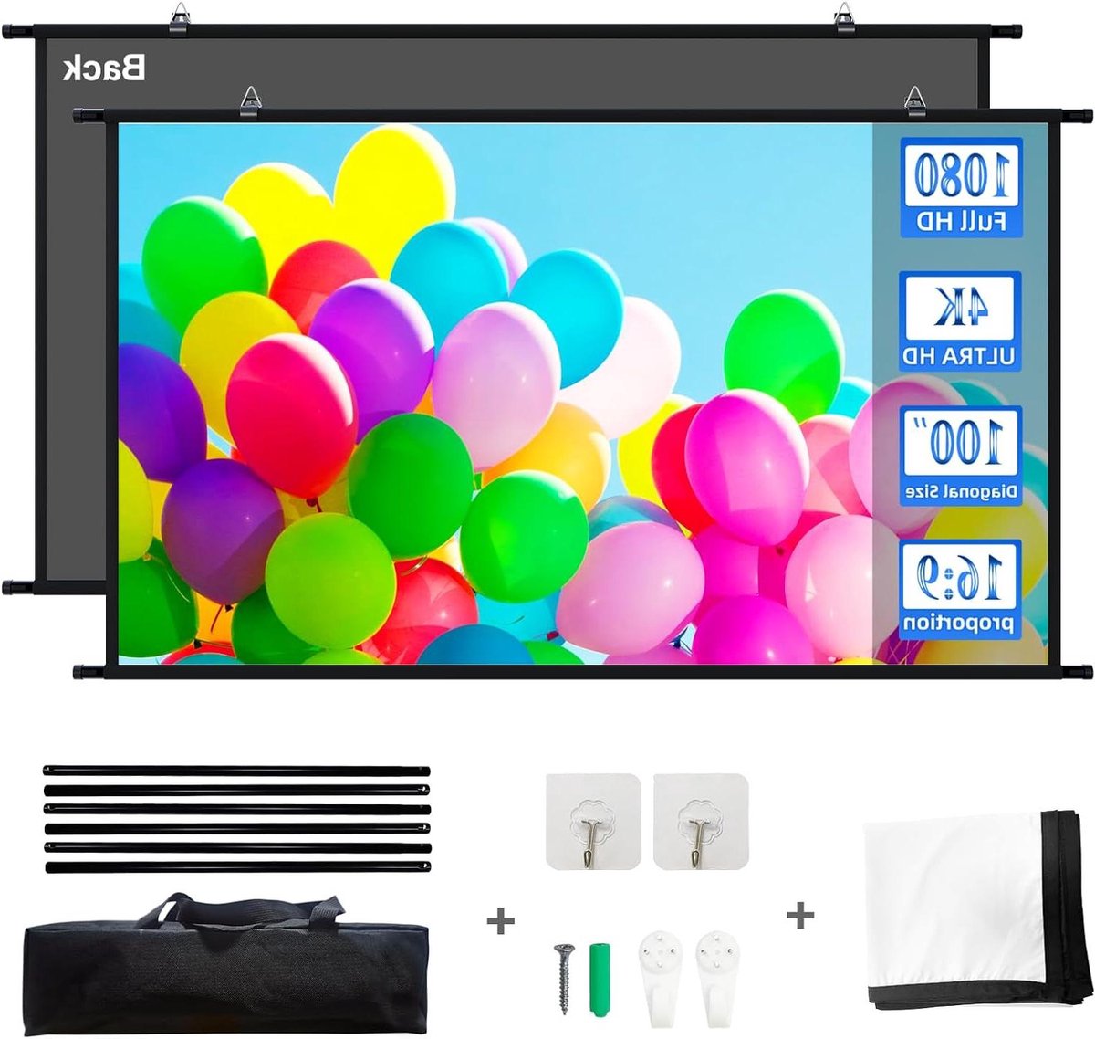 Projectiescherm Hangend - Filmscherm - Thuisbioscoop Presentaties - Zwarte Achterkant 16:9 - 100 Inch Diagonaal - Wit