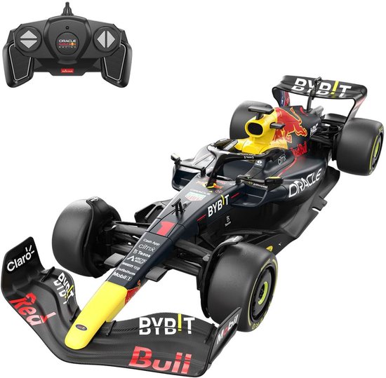Rastar Red Bull RB18 1:18 RC auto met afstandsbediening. Zwart, geel en rood met Oracle, Bybit en Red Bull logo's.