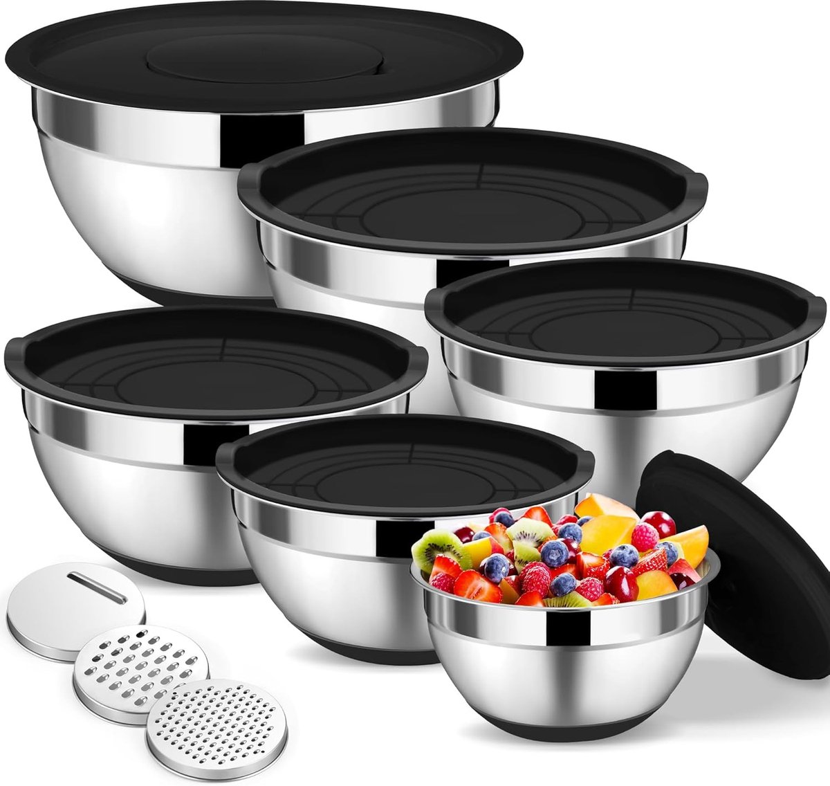 SnelShoppen - Mengkommen set van 6 - Roestvrij staal, luchtdicht deksel, 3 raspopzetstukken, stapelbaar, vaatwasmachinebestendig, 4,6L/2,8L/2,5L/1,6L/