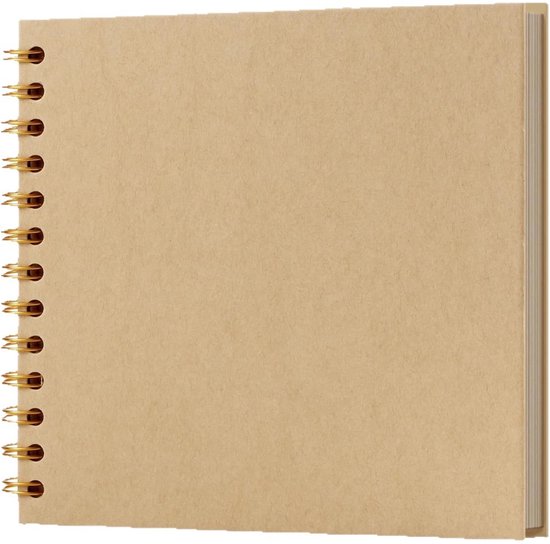 Een effen bruin scrapboek met een gouden spiraalbinding, wit geopend.