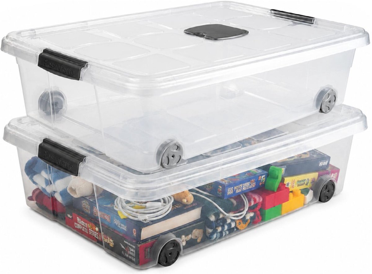 Plasticforte Opslagbox - 2x stuks - met deksel - 31L - 62 x 45 x 18 cm - transparant - opbergbak - met wielen