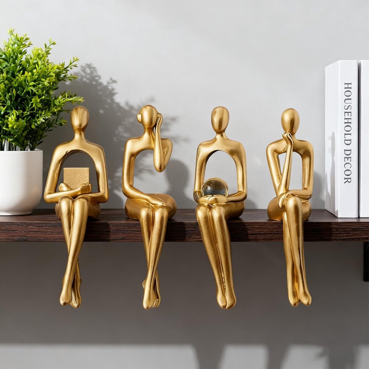 SnelShoppen - 4 stuks gouden abstracte zitbeelden van hars, moderne sculpturen voor woonkamer, boekenkast decoratie, unieke interieuraccessoires