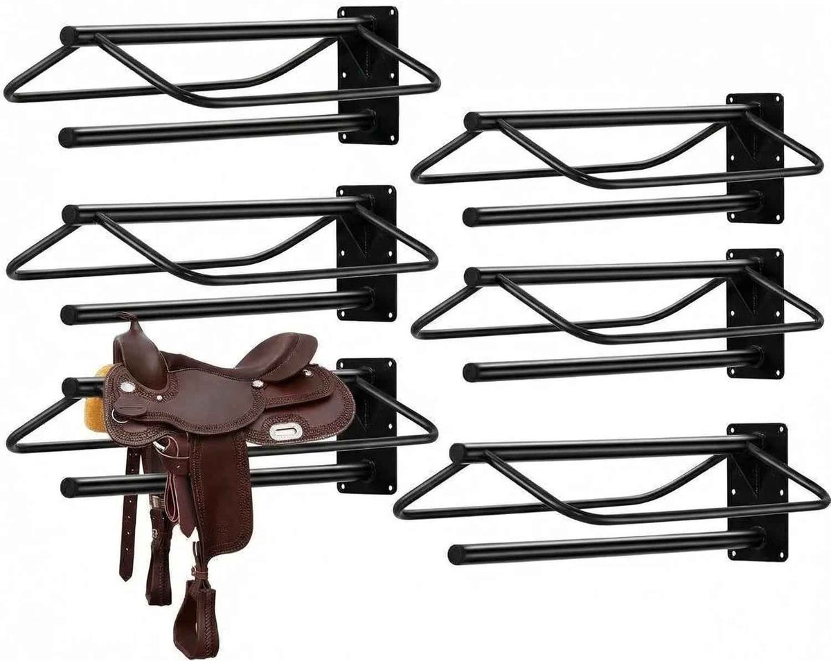 CORE Zadelhouder Wandbevestiging - Set van 6 - Robuuste Stalen Zadelrekken - Zware Paarden Zadelhouder - Inclusief Houder voor Paardendeken en Tuig - Geschikt voor Stal, Zadelkamer en Tuigopslag - Afmeting 32x60x18,5cm - Zwart Staal