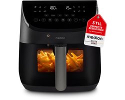 MEDION X20 XL Heteluchtfriteuse (6,6 L, 5 vleesprogramma’s met kerntemperatuursonde, stille DC-motor 1.700 W, 10 programma’s, PFAS-vrij, ILAG coating)
