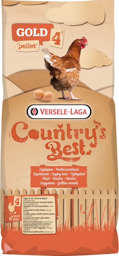 Zak Country's Best Gold 4 Gallico pellet kippenvoer met bruine kip en kuiken.