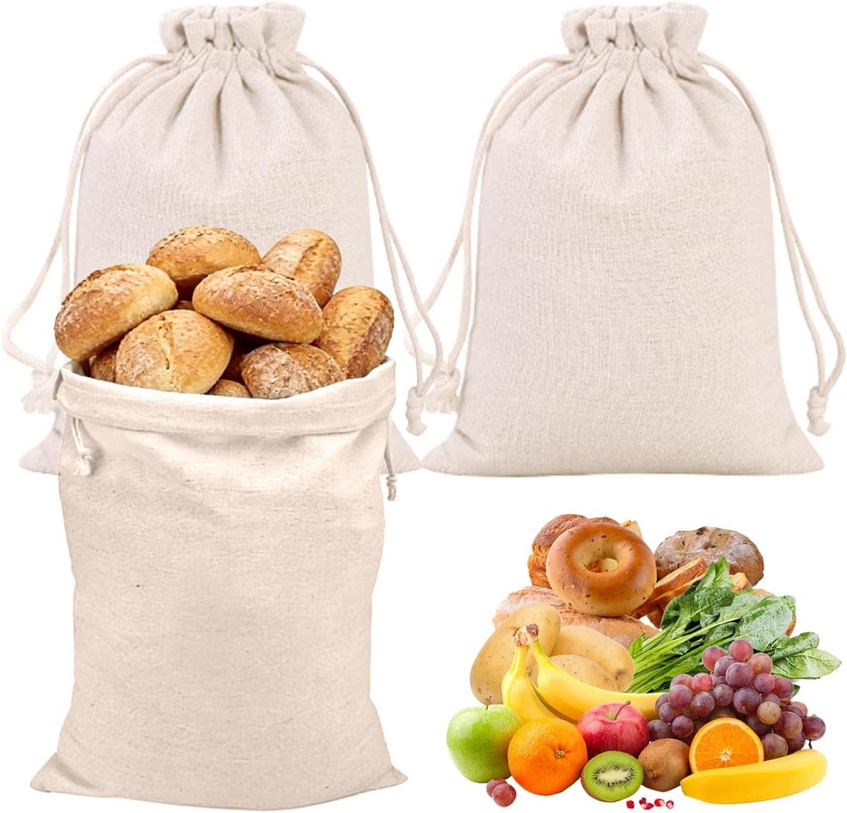 Linnen Broodzakken Set van 3, 30 x 40 cm, Ideaal voor Vers Brood, Groenten en Fruit, Milieuvriendelijk en Herbruikbaar