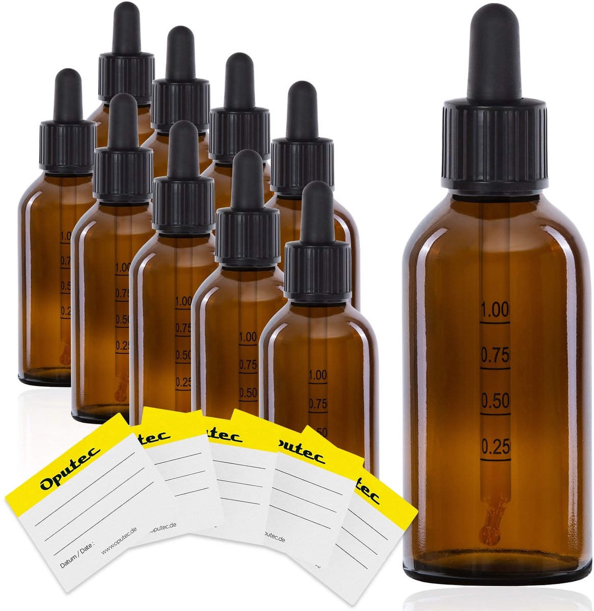 Oputec 10x 100ml pipetflesjes bruin glas met schaalverdeling kinderslot lekvrij voor oliën aroma’s essences