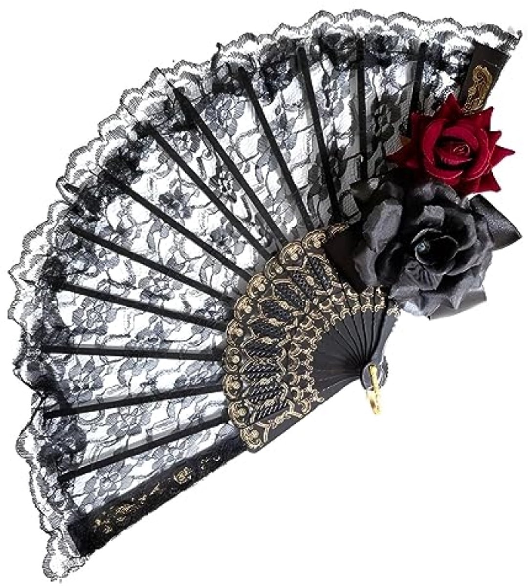 Vouwventilator met Rozenpatroon - Zwarte Handwaaier - Kanten Decoratie - Vintage Accessoire voor Dames - Handventilator voor Bruiloften en Feesten