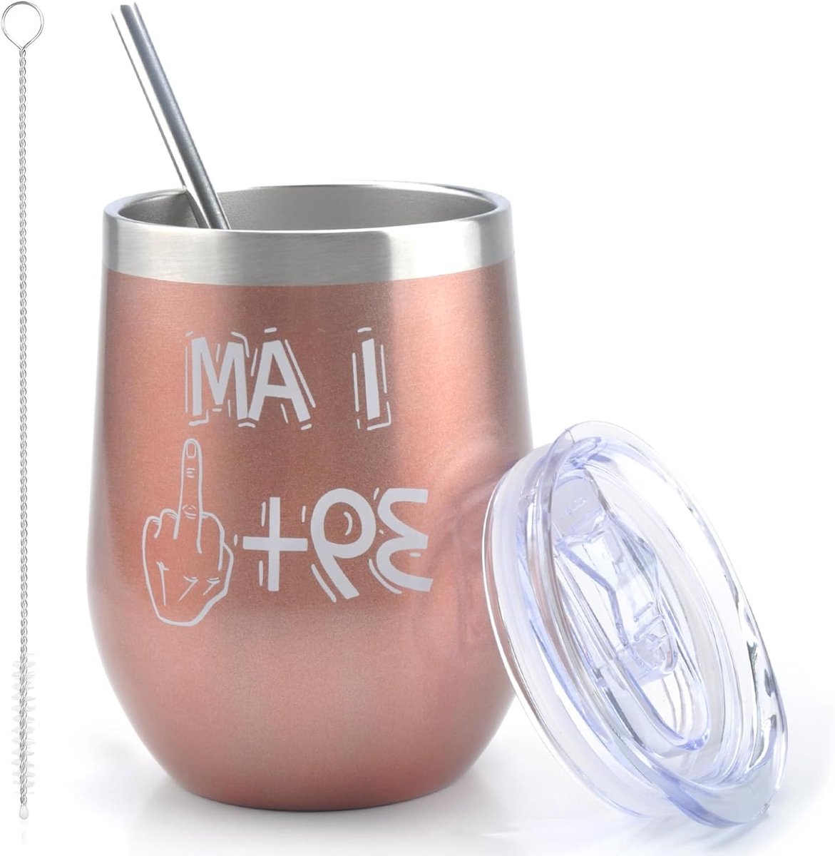 Stainless Steel 40e Verjaardag Wijnglas voor Vrouwen, Perfect Cadeau voor Verjaardag, Inclusief Deksel, Rietje en Borstel, Ideaal voor Koffie en Wijn