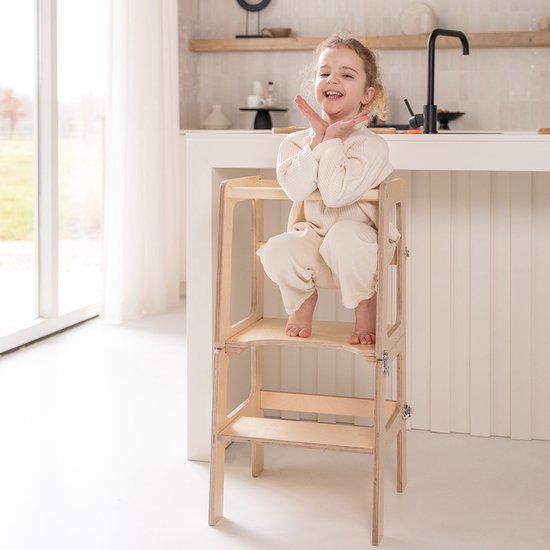 Jindl houten montessori leertoren 2-in-1 houtkleur - ook als tafeltje met stoeltje te gebruiken - handig in de keuken!