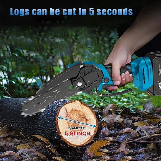 Zerova Kettingzaag Accu 21V - Motorzaag - Boomzaag Electrische - Draagbare mini kettinzaag - Bomen en Takken - 2 Accu's - Blauw — afbeelding 3