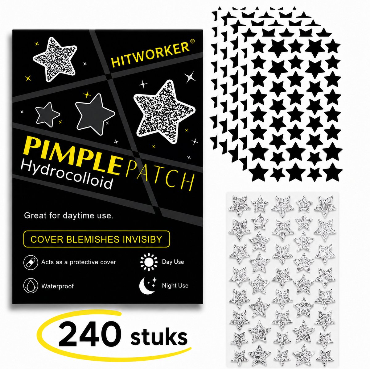 Hitworker - Zwarte Acne- en of puistpleister- met Hydrocolloïd en tea tree olie - 240 stuks