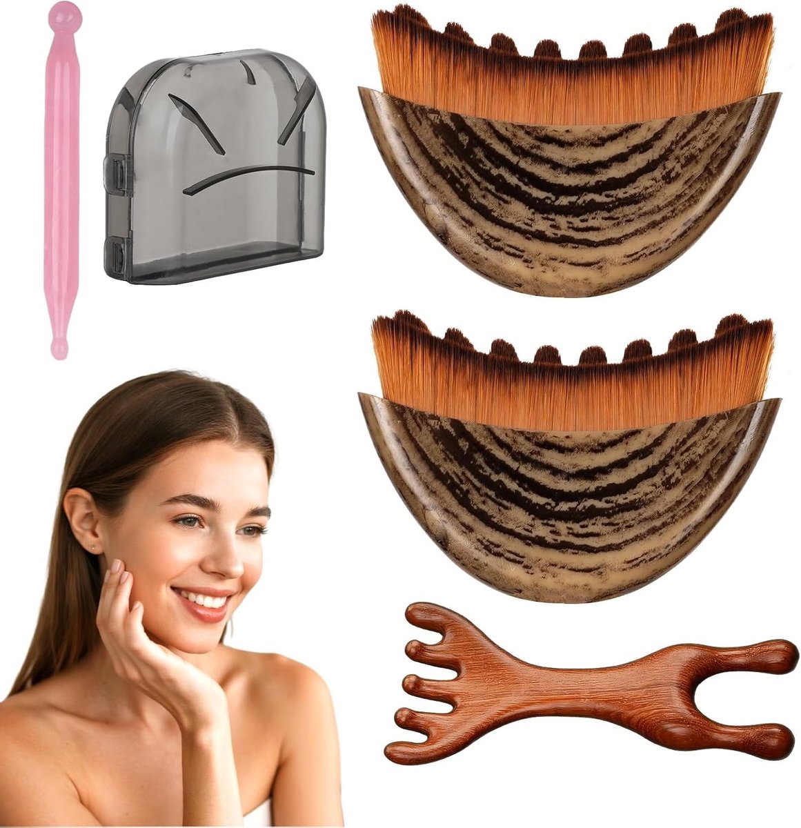 Ergonomische gezichtsborstel set met Gua Sha steen voor lymfedrainage en contourmassage, inclusief opbergdoos en droogborstel voor een strakkere kaaklijn