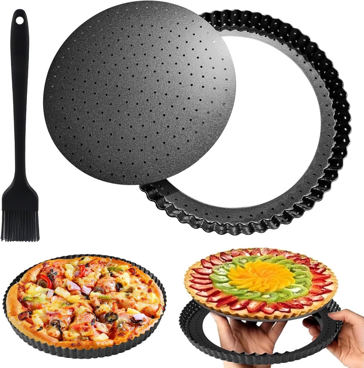 Perforatvorm voor Quiche 28cm met Borstels, Carbon Staal Taartvorm met Uittrekbare Bodem, Antiaanbak Ribbelvorm voor Bakken van Quiches en Taartjes