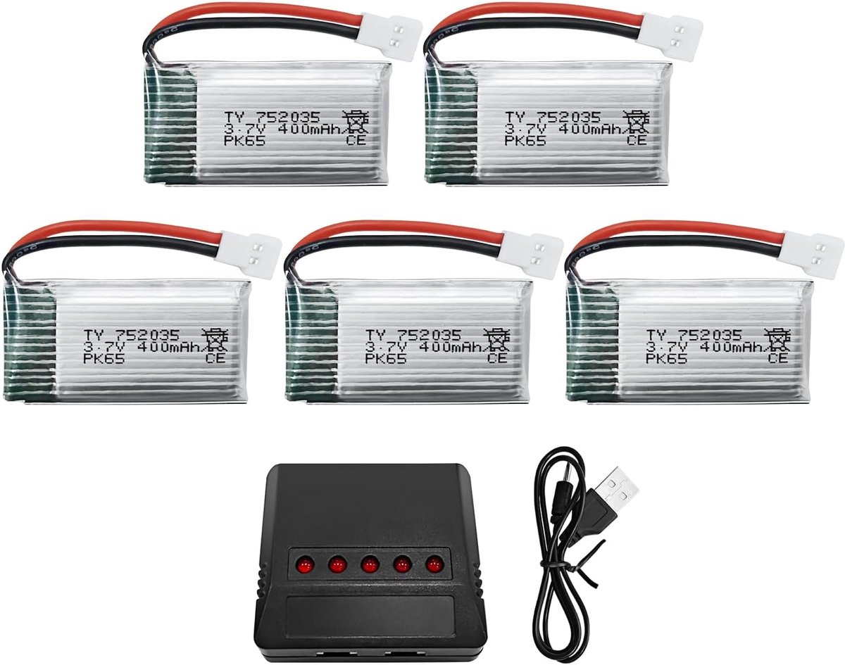 5PCS 3.7V 400mAh Lithium Battery with 5-in-1 Charger for Hubsan X4 H107L / C/D/P Syma Q11 X11C H99W H31 HS170C F180C - ShopVlot