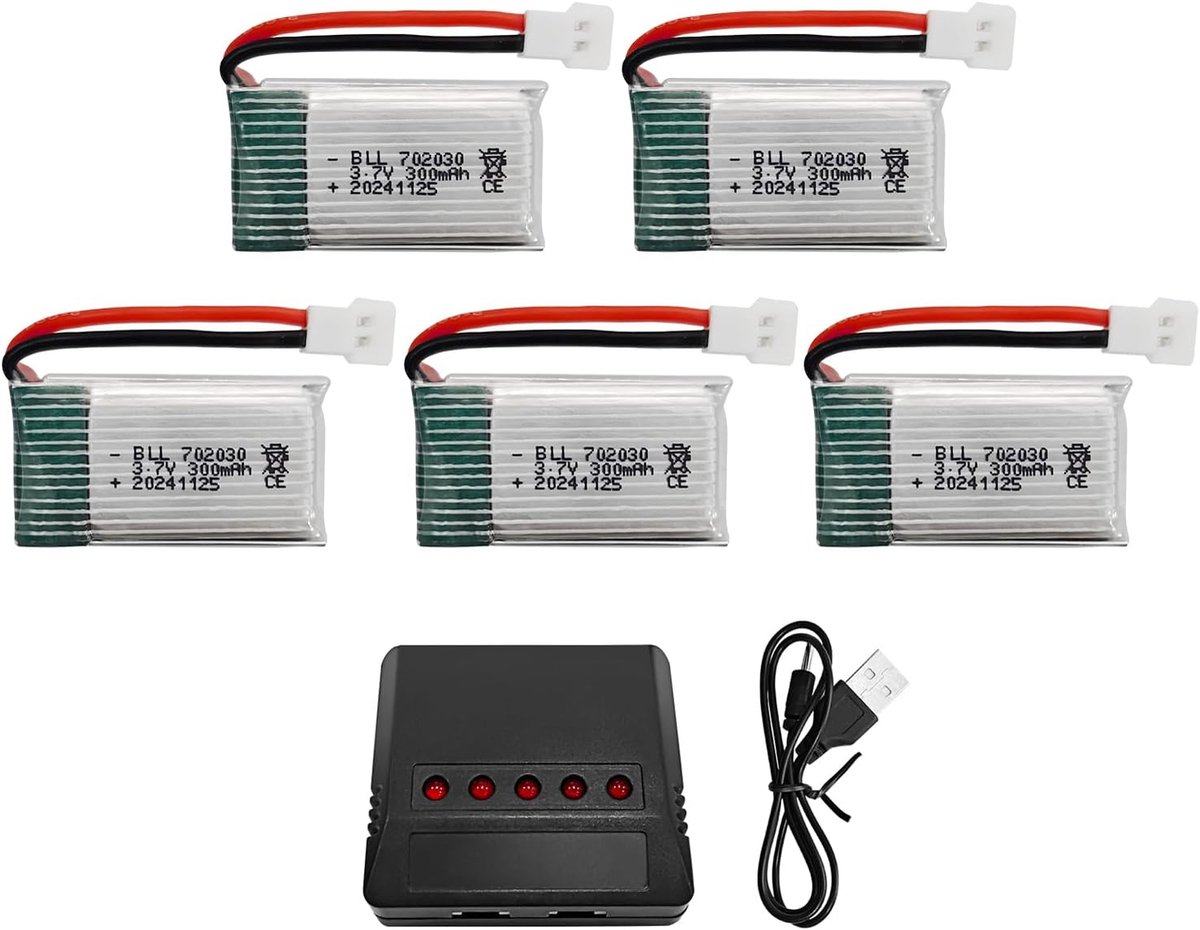 5PCS 3.7V 300mAh Li-ion Battery with 5-in-1 Charger for Syma X11C WLToys V911S A120 XK A150 V966 FX801 UDI U816A - ShopVlot