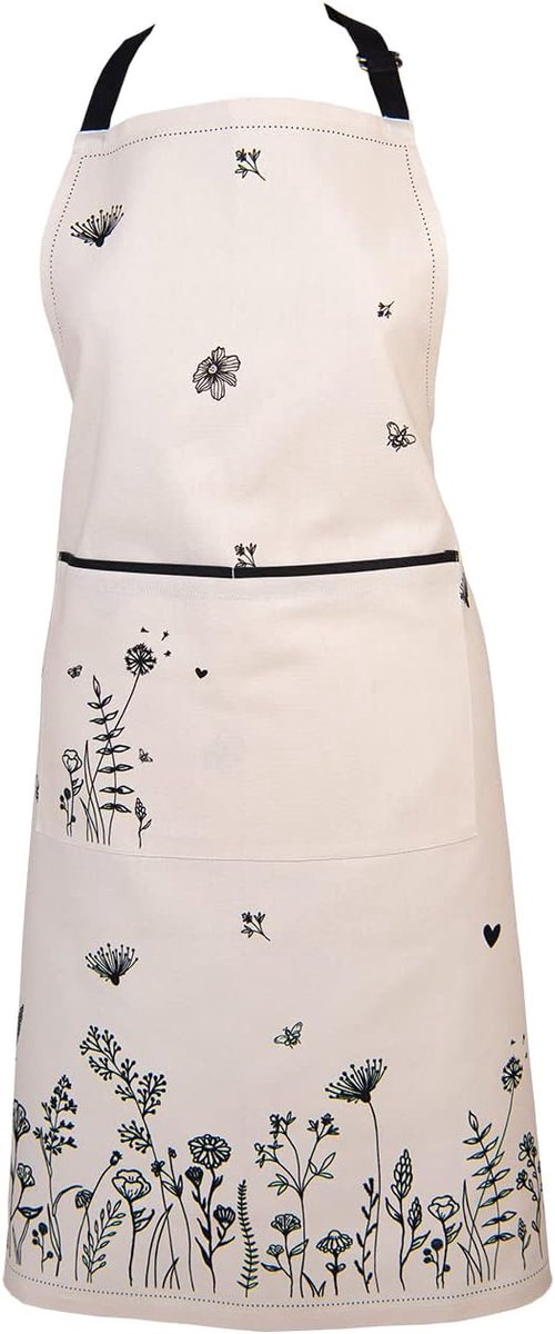 Clayre & Eef Kitchen Apron 70x85 cm Beige Black Cotton Flowers BBQ Apron, beige black - ShopVlot
