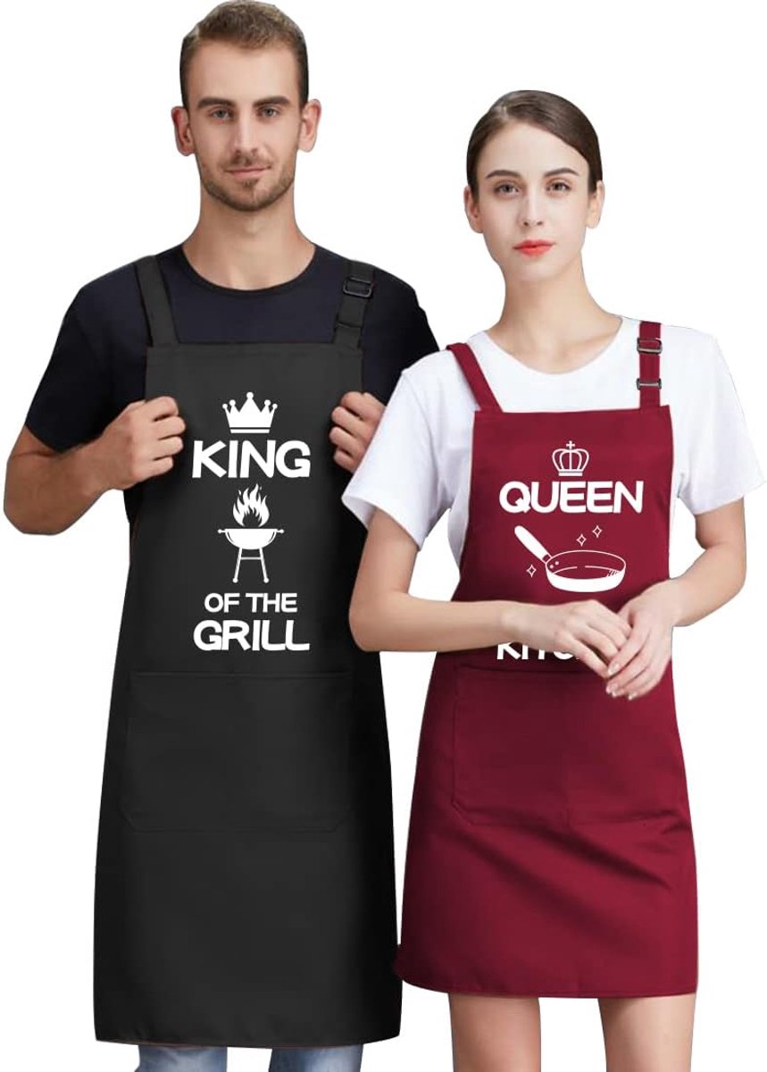 2 Pcs Adjustable Kitchen Aprons for Women and Men, Washable Black Apron Men Red Kitchen Apron Women with Pockets - ShopVlot
