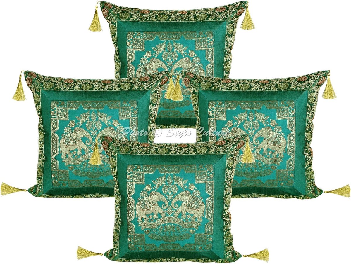 Indian Bohemian Sofa Seat Covers Emerald Green 18 x 18 Inch Gold Jacquard Weave Tassels 45 x 45 cm Brocade Decorative - ShopVlot