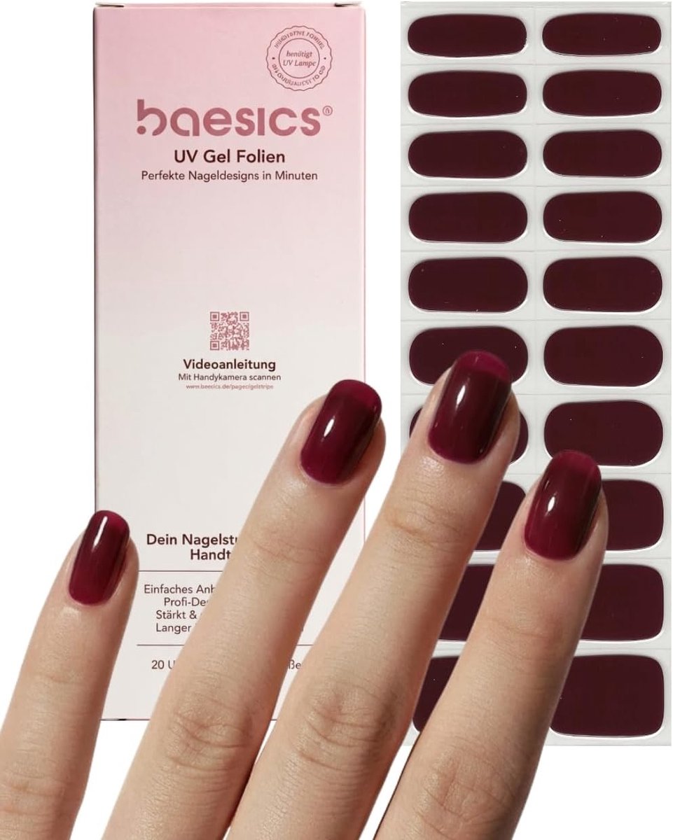 Baesics Sheer Cherry Nagelfolie, uv-gelstrips, semi-gekruld, 20 strips, 10 maten, uv-hardend en zelfklevend, zachte - ShopVlot